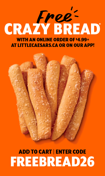 Pizza Place, Free Crazy Bread with an online order of $4.99 or more at PizzaPlace.site or on our APP. Add to Cart, enter code: FREEBREAD26