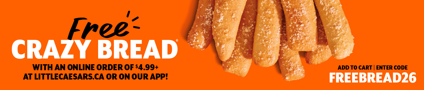 Pizza Place, Free Crazy Bread with an online order of $4.99 or more at PizzaPlace.site or on our APP. Add to Cart, enter code: FREEBREAD26